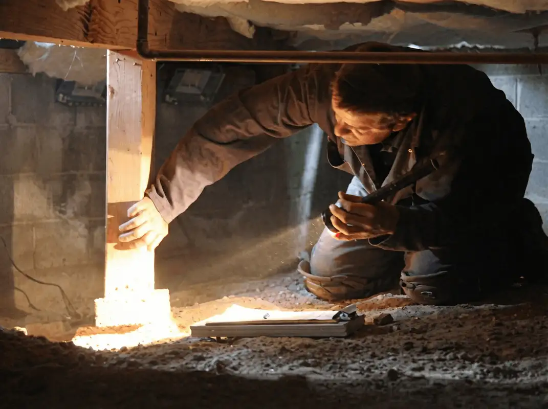 A professional inspecting wooden beams under the floor of a structure in Akron, OH