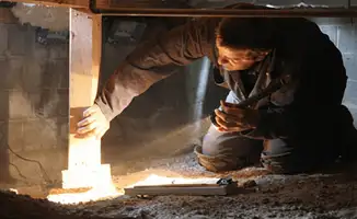 A professional inspecting wooden beams under the floor of a structure in Akron, OH